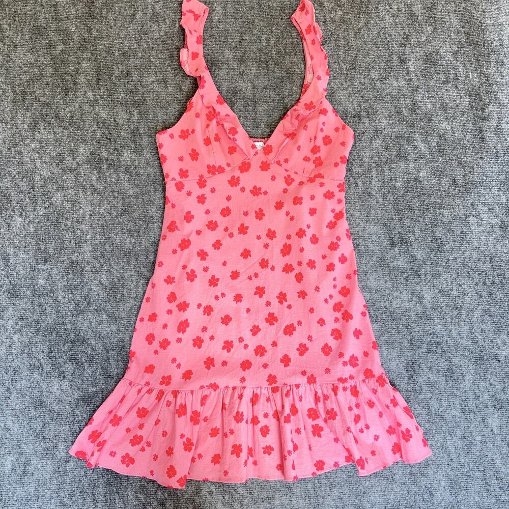 ZARA Pink Floral Mini Dress Smocked Back Ruffle Hem Sleeveless Linen Blend S